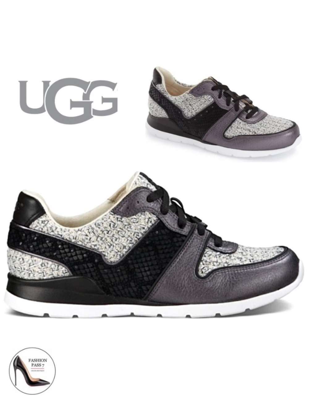 UGG Deaven Women’s Black Grey Metallic Leather Tweed Fashion Sneakers Trainers 7